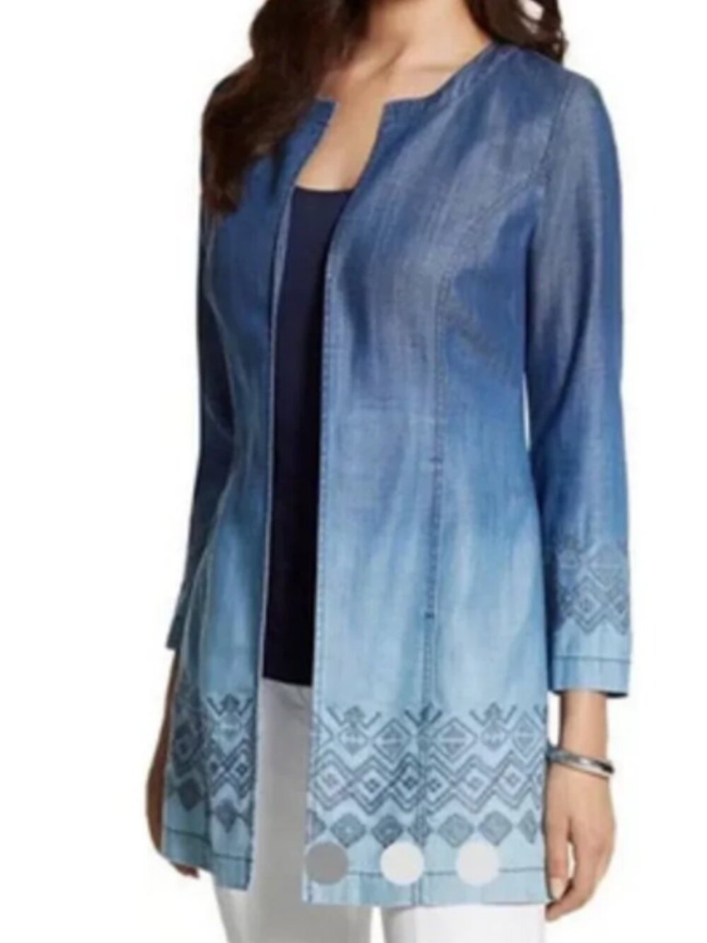 Chico's ombre Embroidered Chambrey Duster Coat Jacket size 2